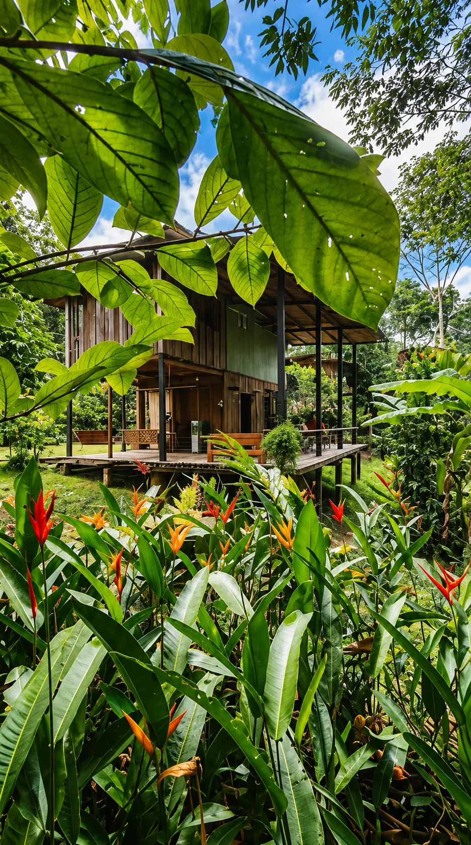 Cabaña de Amazona Lodge vista entre hojas de la selva