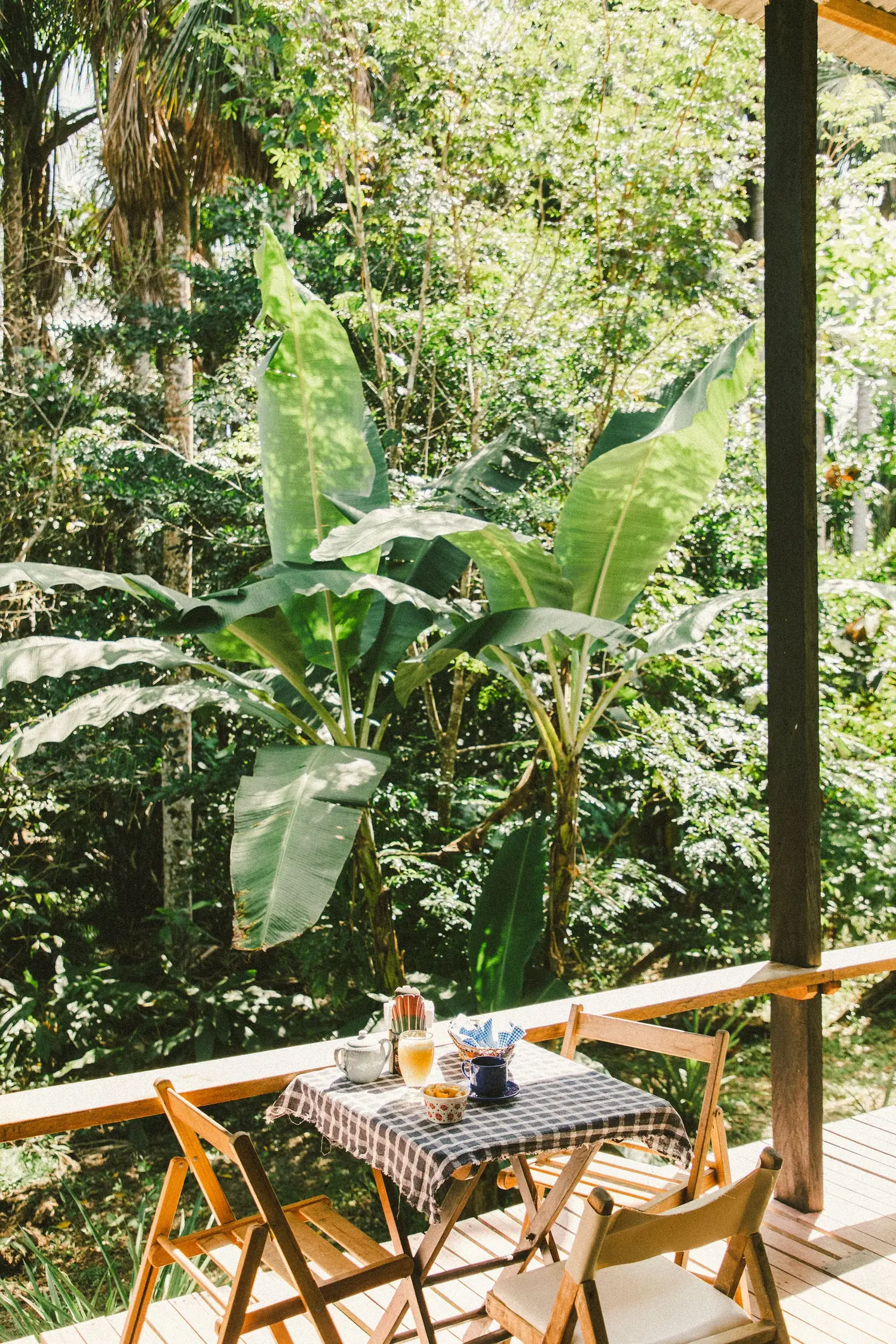 Mesa de desayuno en la terraza frente a la selva
